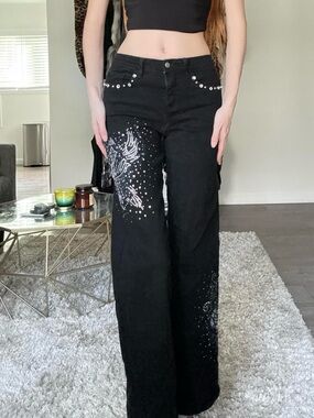 I.AM.GIA Black Wide-Leg Jeans with Crystal Embellishment